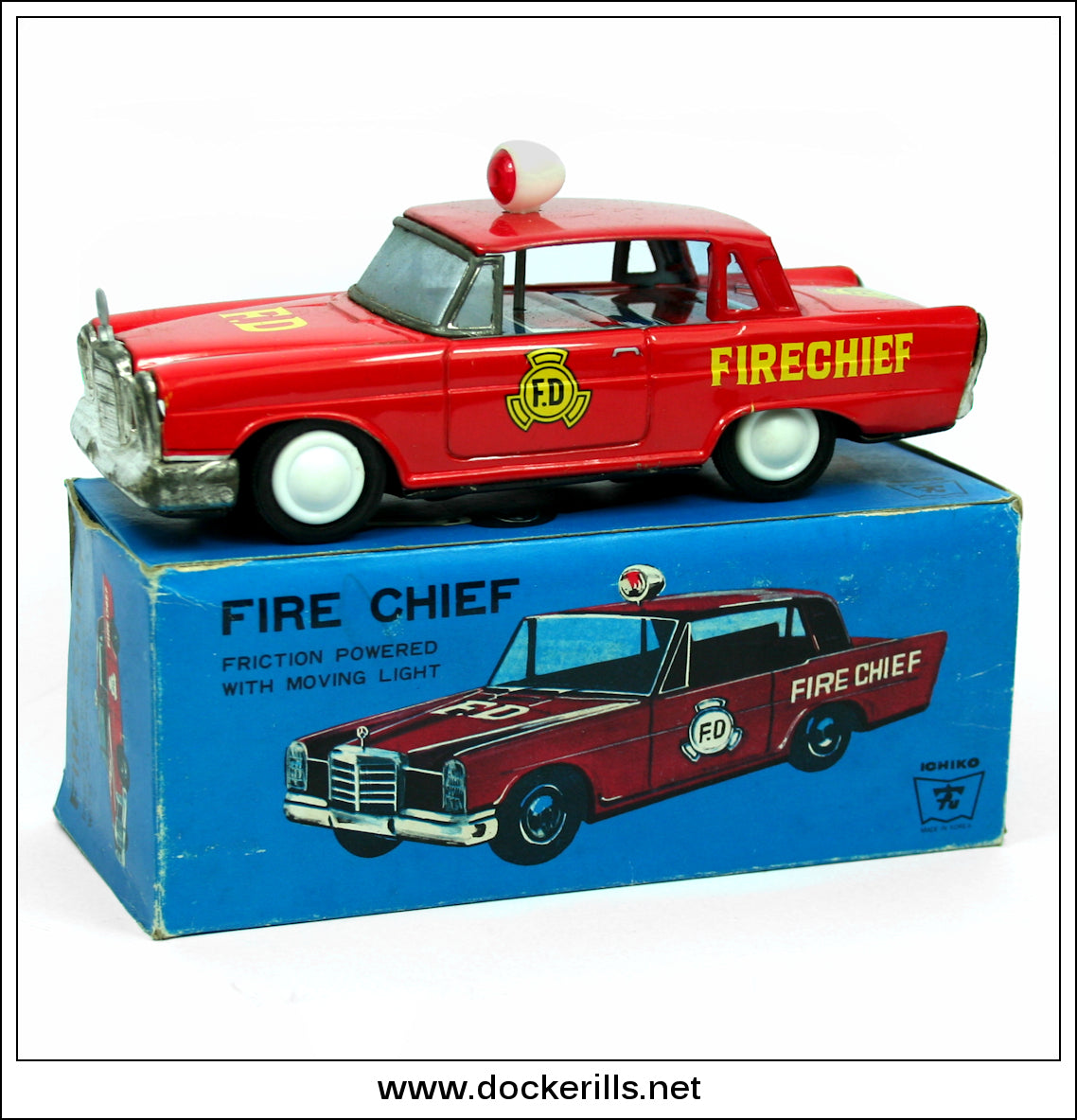 Mercedes Fire Chief Car. Vintage Friction Drive Tin Plate Toy