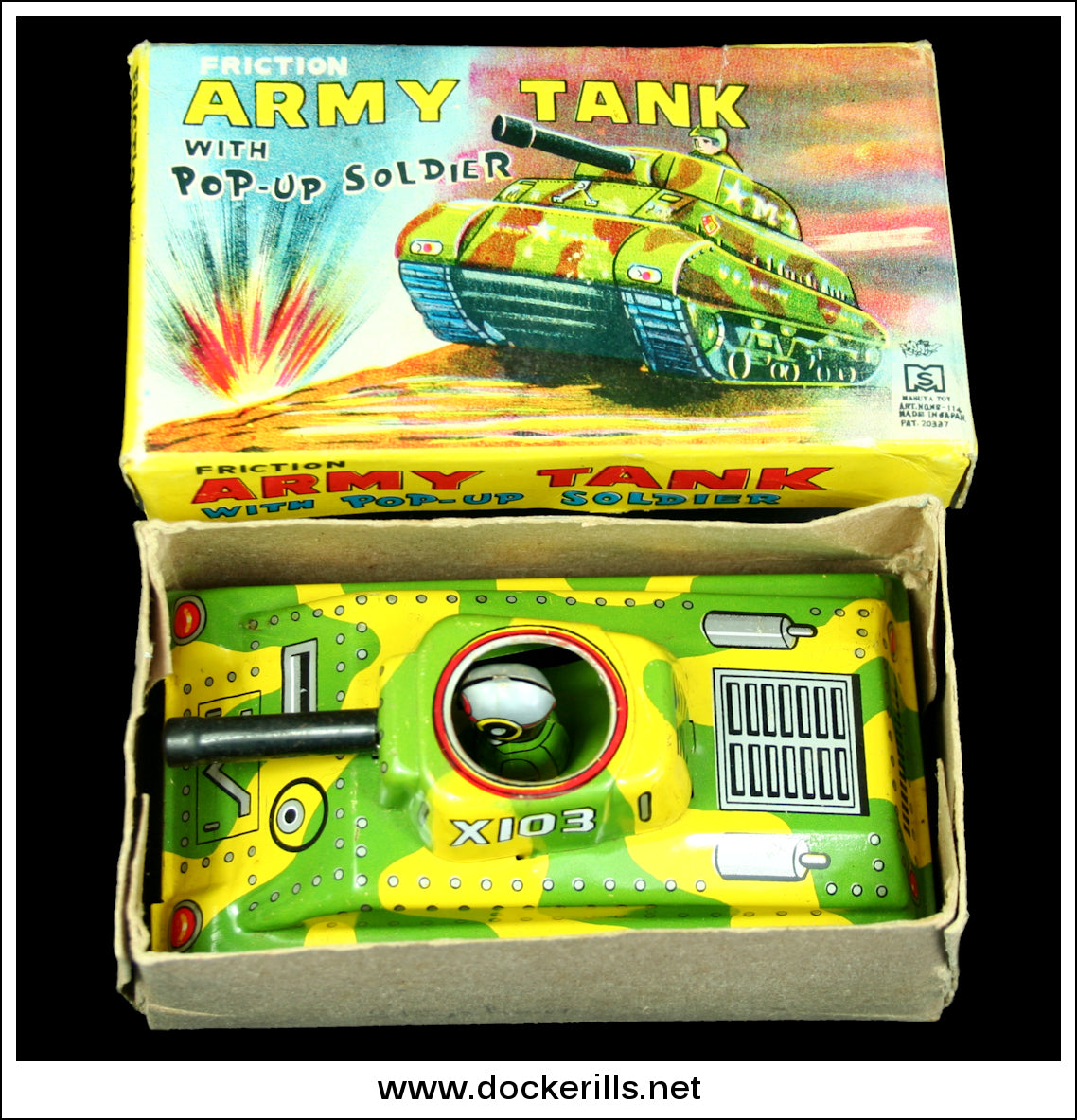 Army Tank With Pop-Up Soldier. Vintage Tin Plate Clockwork / Wind