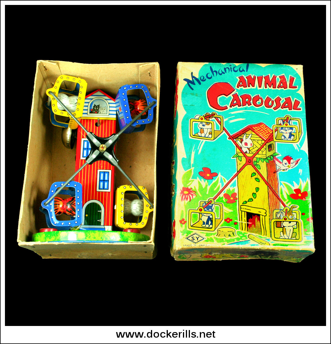 Animal Carousel, Vintage Tin Plate Clockwork / WindUp Novelty Toy, Yo Dockerills