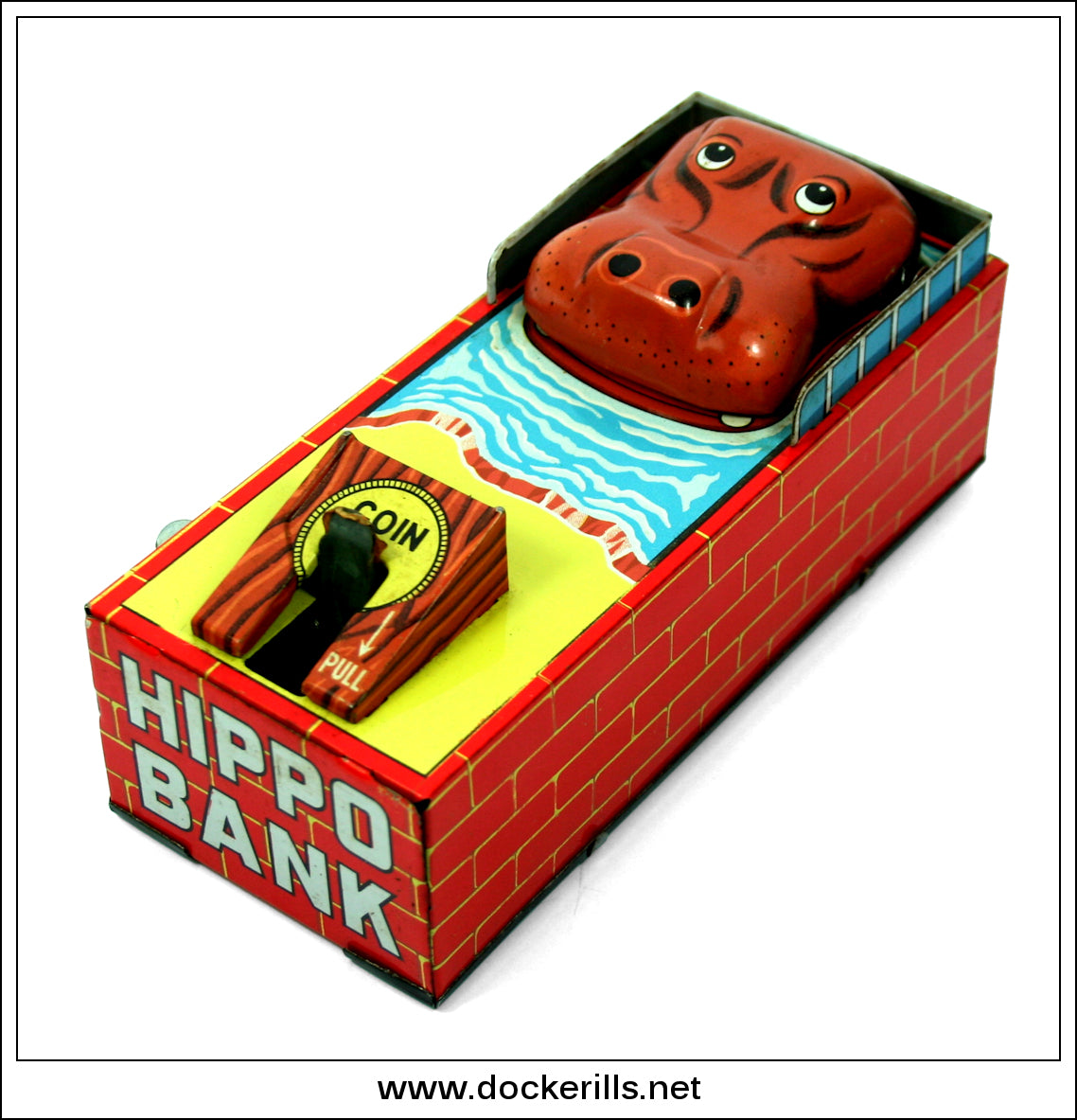Hippo Bank. Vintage Tin Plate Clockwork / Wind-Up Novelty