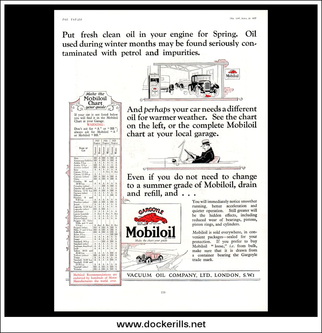 Mobiloil. Original Vintage Advert From April 20th, 1927.