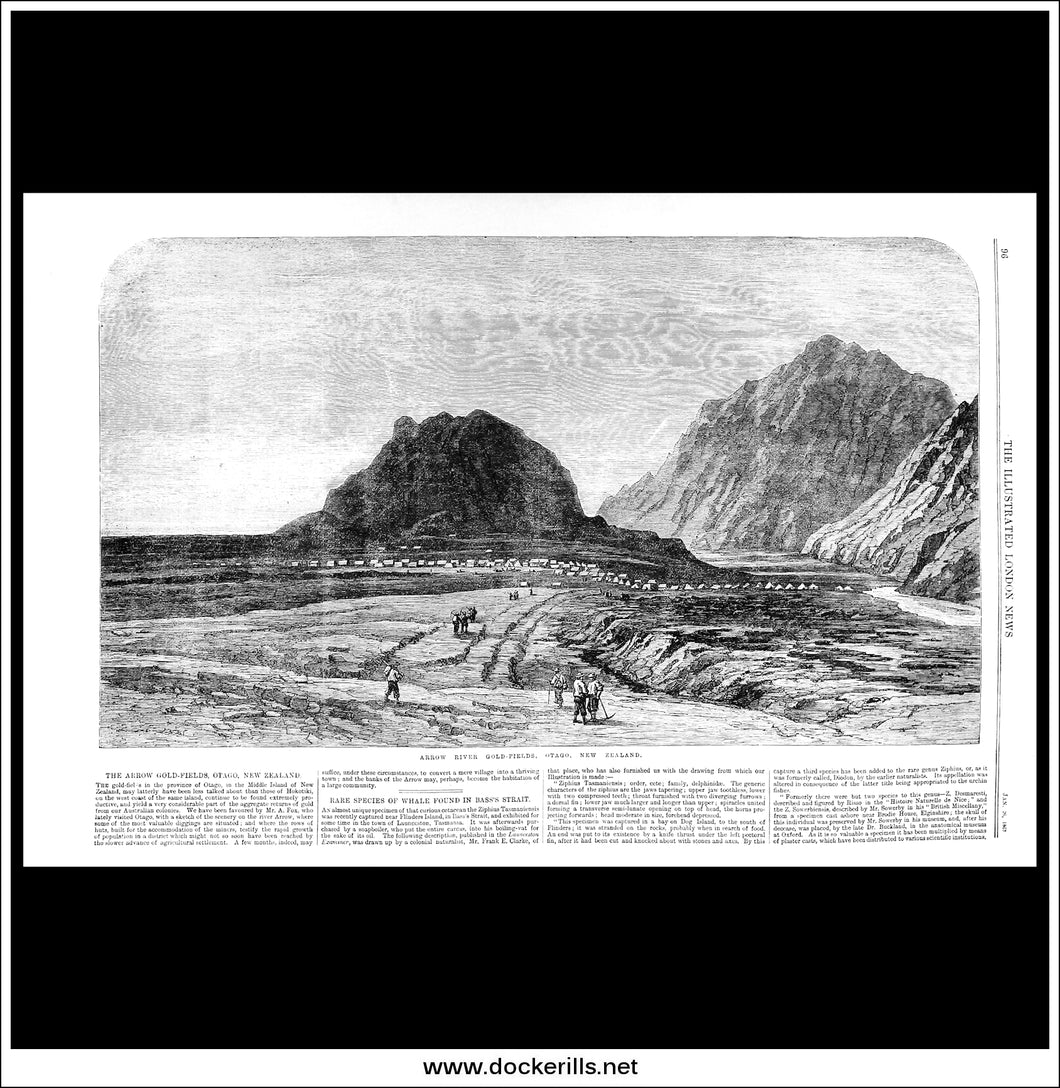 Arrow River Gold-Field Otago, New Zealand. Antique Print, Wood Engraving, The Illustrated London News Full Page, January 26th, 1867.