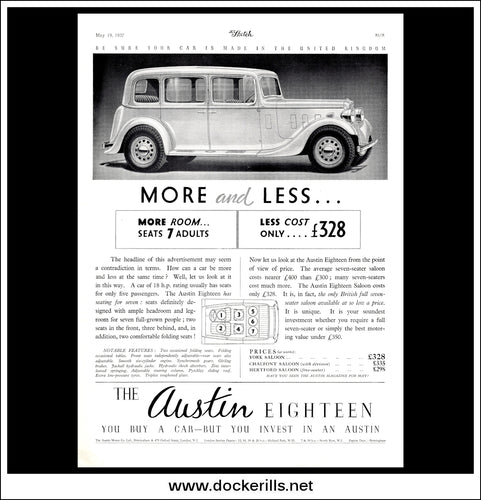 Austin '18' Eighteen, More And Less. Original Vintage Advert From 19th May 1937.