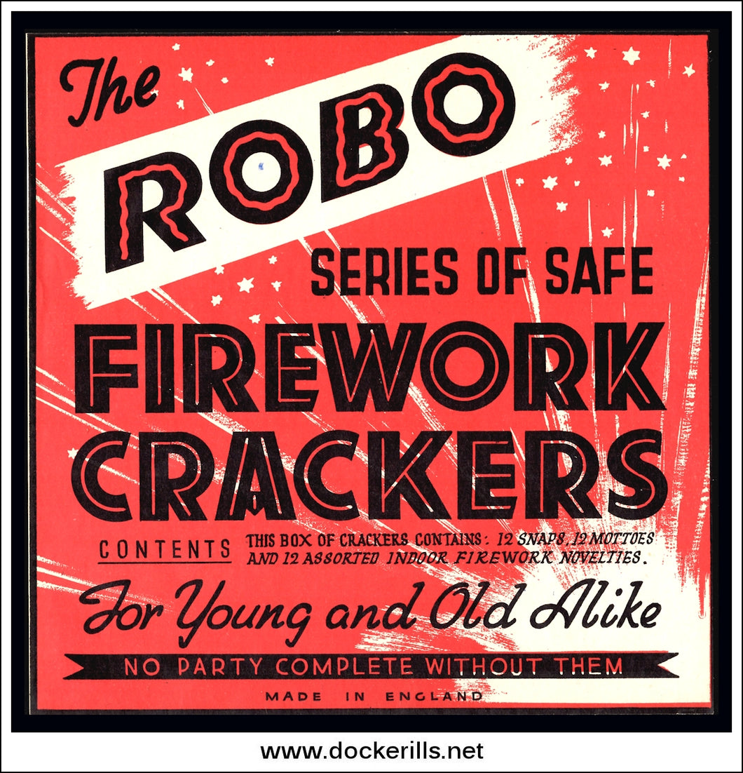 Original Vintage Batger's Ltd. Robo Firework Crackers Christmas Cracker Box Label.