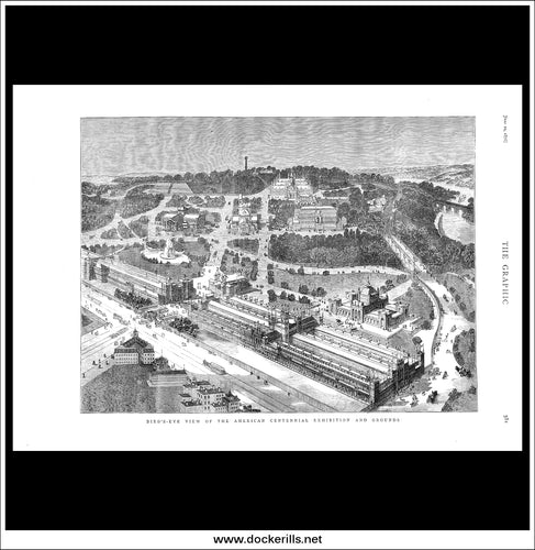 Birds-Eye View Of The American Centennial Exhibition And Grounds. Antique Print, Wood Engraving, The Graphic Full Page, June 10th, 1876.