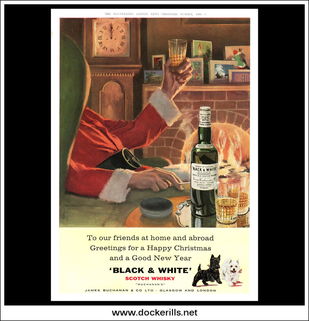 Black & White Scotch Whisky. Original Vintage Christmas Advert From December, 1960.