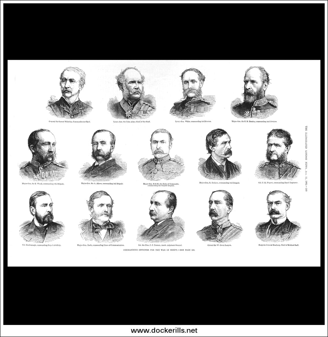 Commanding Officers For The War In Egypt. Antique Print, Wood Engraving, The ILN Full Page, August 12th, 1882.