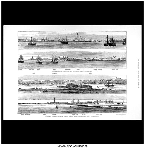 Crisis In Egypt, Panoramic Views Of Alexandria. Antique Print, Wood Engraving, The Illustrated London News Full Page, July 29th, 1882.