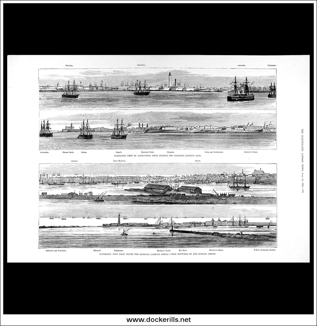 Crisis In Egypt, Panoramic Views Of Alexandria. Antique Print, Wood Engraving, The Illustrated London News Full Page, July 29th, 1882.