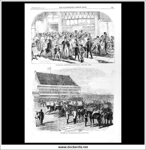 Derby Day. Antique Print, Wood Engraving, The Illustrated London News Full Page, June 8th, 1861.