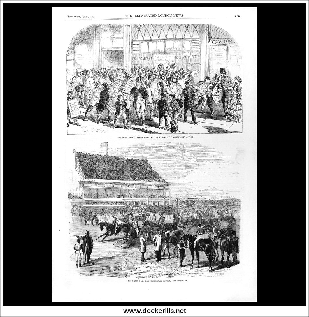 Derby Day. Antique Print, Wood Engraving, The Illustrated London News Full Page, June 8th, 1861.
