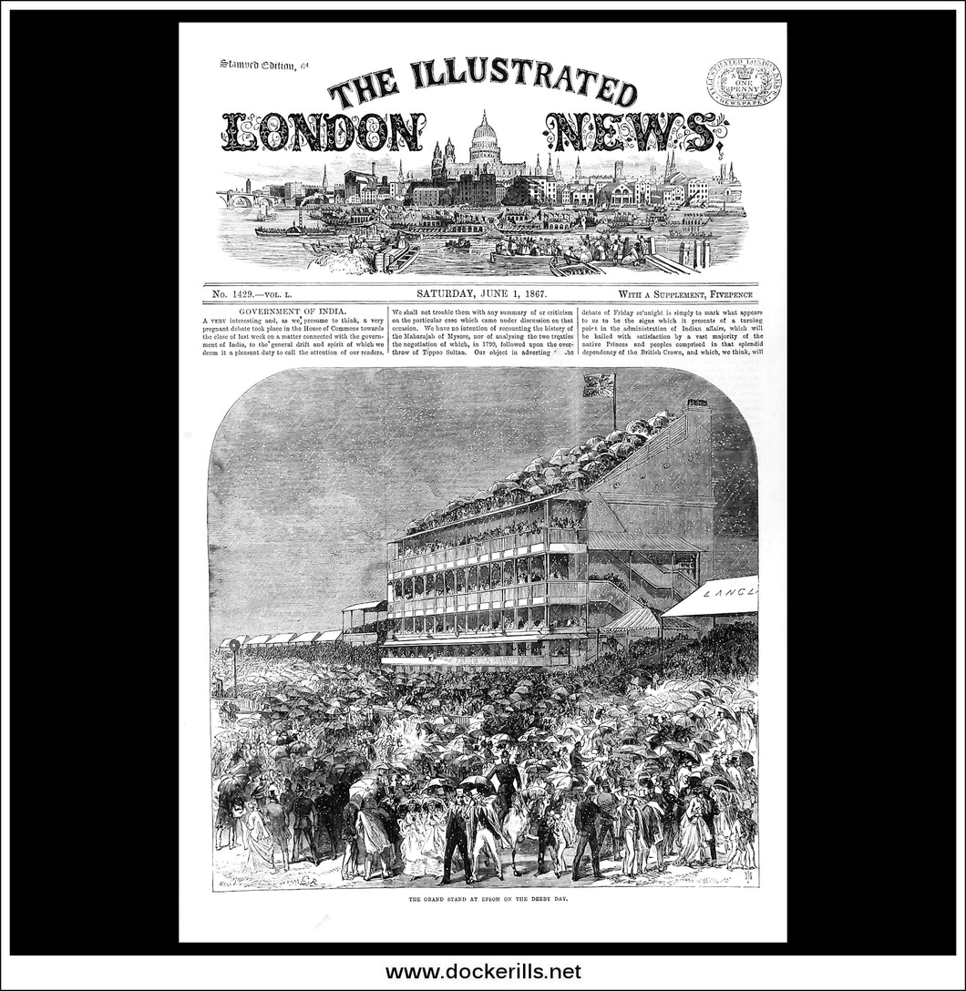 Government Of India, The Grand Stand At Epsom On The Derby Day. Antique Print, Wood Engraving, The Illustrated London News Full Page, June 1st, 1867.
