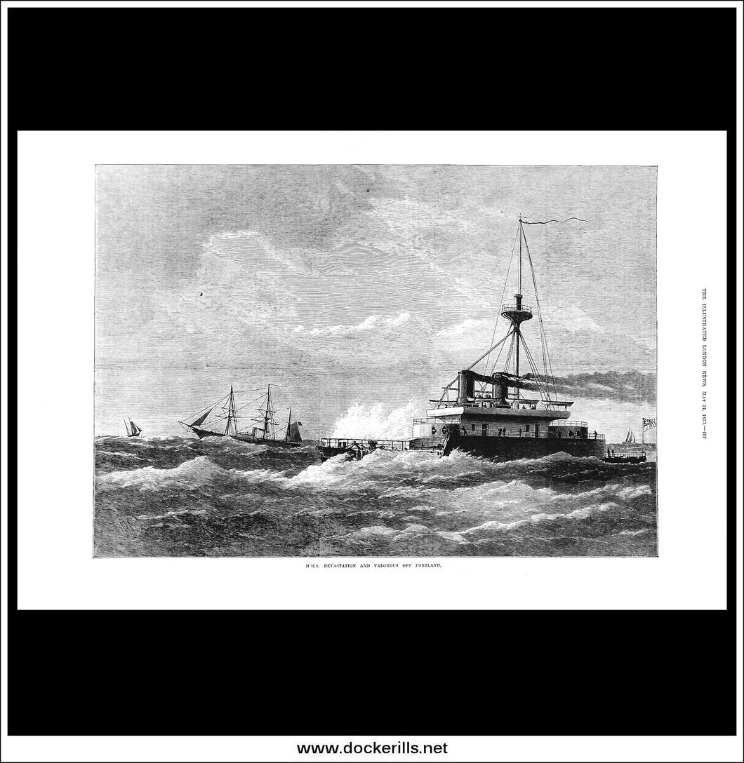 H.M.S. Devastation And Valorous Off Portland. Antique Print, Wood Engraving. The Illustrated London News Full Page, May 24th, 1873.