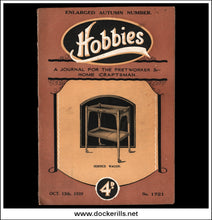 Vintage Hobbies magazine cover, Autumn Number 1721 from 1928, featuring a service wagon illustration and a 4 pence price mark, shown against a black background.