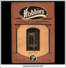 Vintage Hobbies magazine cover from November 10th, 1928, issue number 1725, featuring a 2 pence price and an illustration of an umbrella stand. The cover has a warm brown background with cream and black text and graphics.