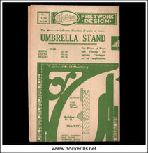 A vintage Hobbins Fretwork Design instruction sheet for an Umbrella Stand, showing green technical drawings and measurements on aged beige paper against a black background.