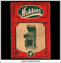 Vintage 1928 Hobbies magazine Christmas number cover, featuring a red border, green and white logo, and an illustration of a phonograph on the front.