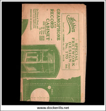 Vintage Hobbies Gramophone and Record Cabinet plan, showing green printed graphics and text on aged beige paper against a black background.