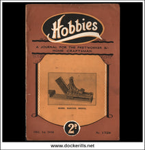 Vintage 1928 Hobbies magazine cover, issue number 1728, featuring a brown and tan cover with an illustration of a model bascule bridge and a 2p price mark.