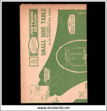 Vintage Freework Design small side table folding instructions booklet, featuring green diagrams and text on a beige cover, shown against a black background.