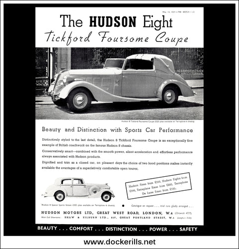 The Hudson Eight Tickford Foursome Coupe. Original Vintage Advert From May 19th, 1937.