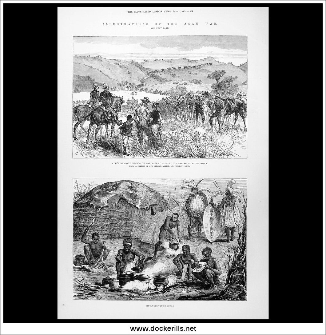 Illustrations Of The Zulu War. King's Dragoon Guards On The March: Halting For The Night At Pinetown. Antique Print, Wood Engraving, The London Illustrated News Full Page, June 7th, 1879.