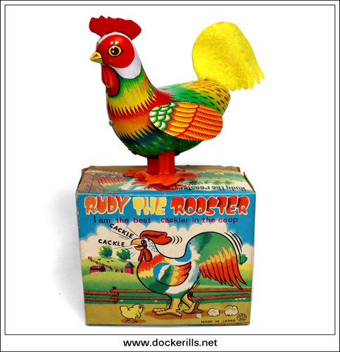 Vintage 'Rudy The Rooster', Kanto Toys, Japan. Tin toy with box.