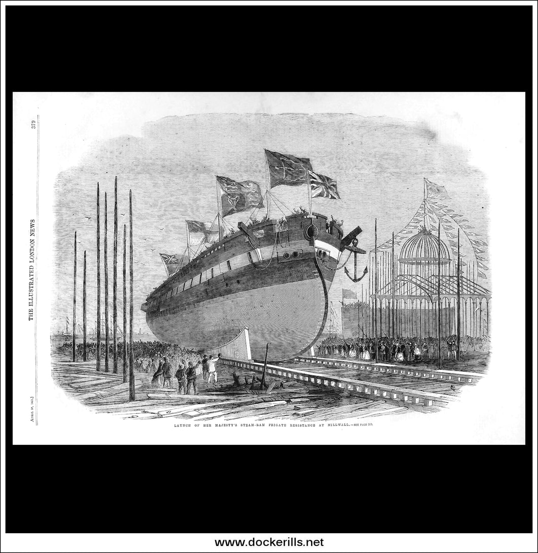 Launch Of Her Majesty's Steam-Ram Frigate Resistance At Millwall. Antique Print, Wood Engraving, The Illustrated London News Full Page, April 20th, 1862.