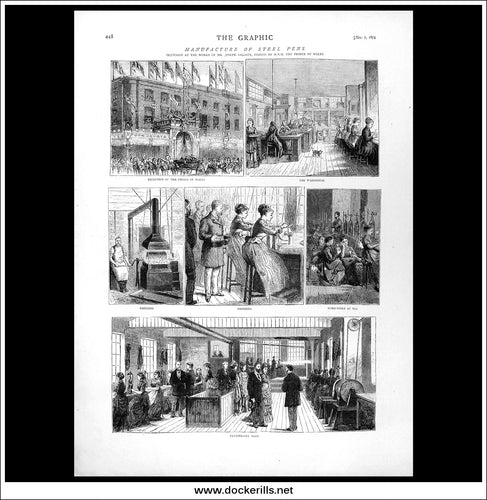 Manufacture Of Steel Pens. Antique Print, Wood Engraving, The Graphic Full Page, November 7th, 1874.