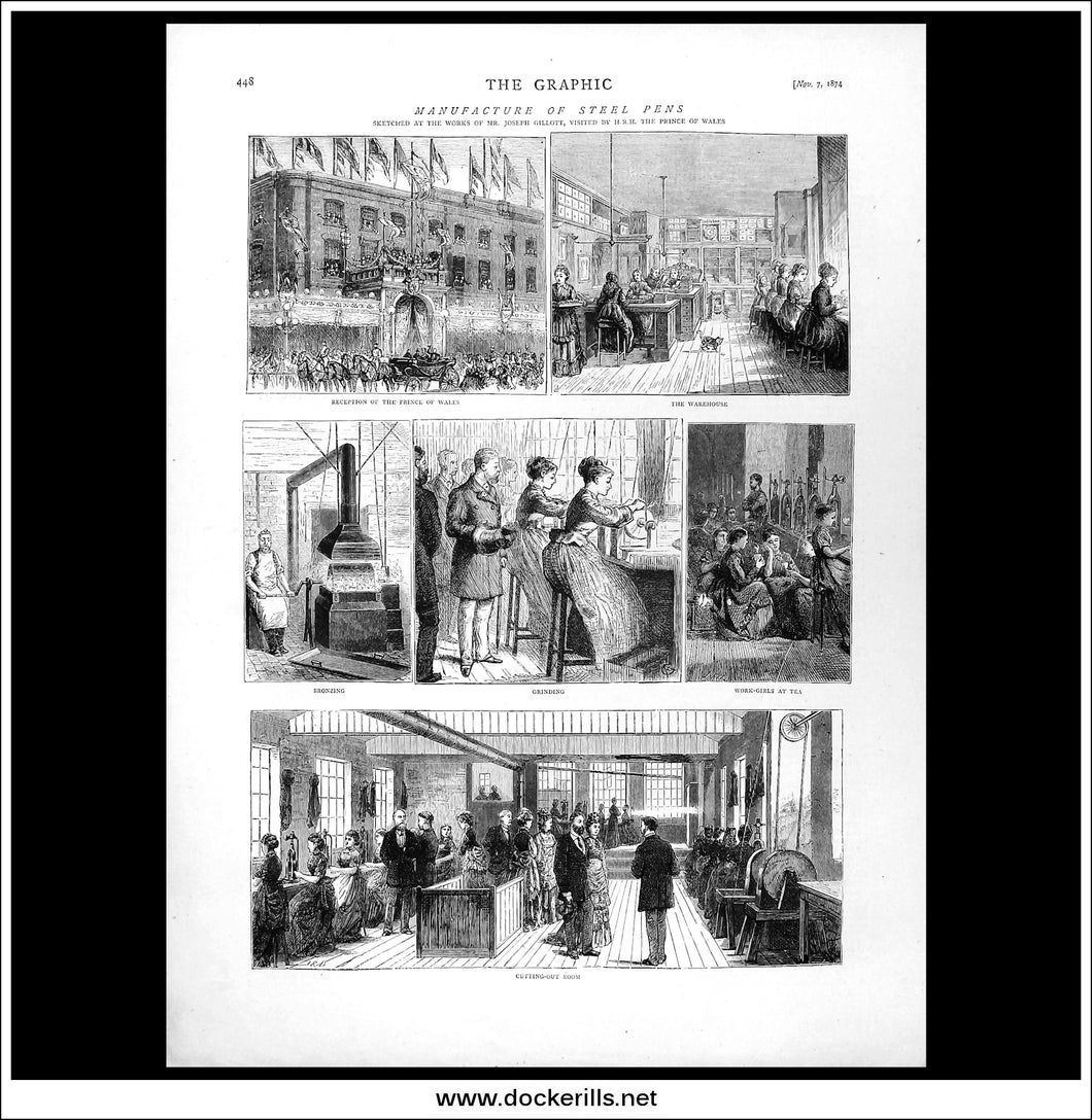 Manufacture Of Steel Pens. Antique Print, Wood Engraving, The Graphic Full Page, November 7th, 1874.