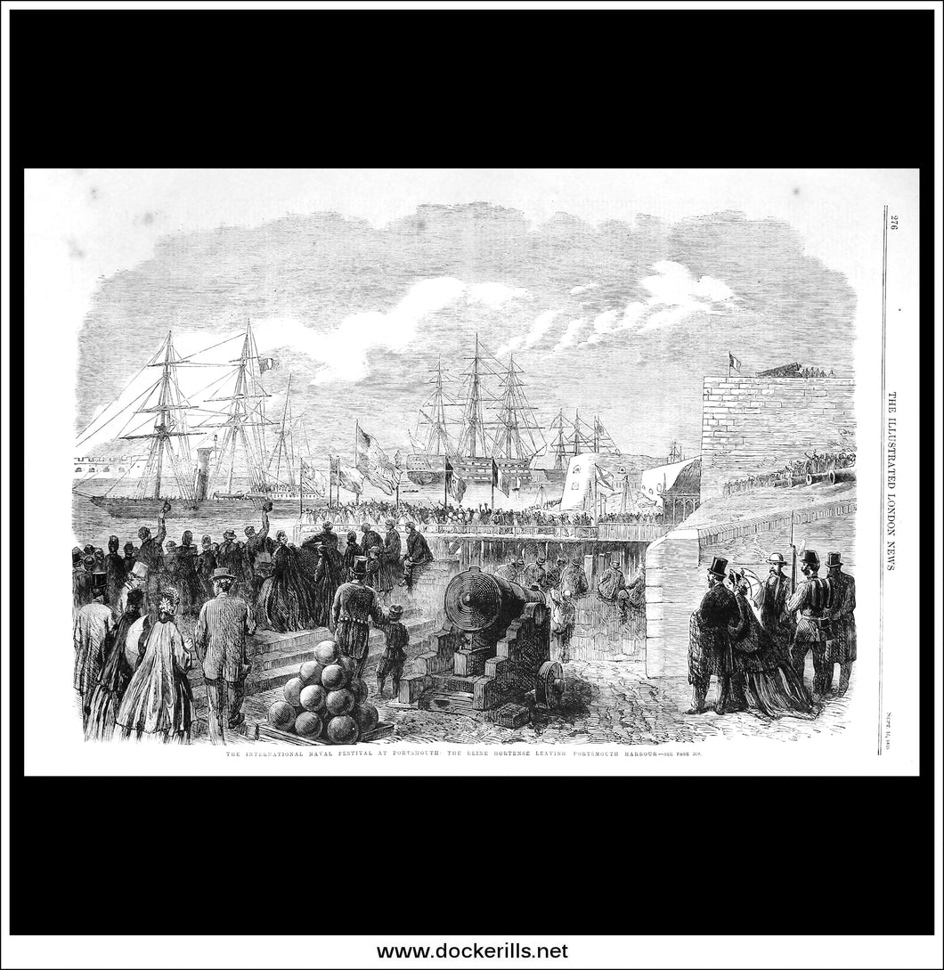 The International Naval Festival At Portsmouth The Reine Hortense Leaving Portsmouth Harbour. Antique Print, Wood Engraving, The Illustrated London News Full Page, September 16th, 1865.