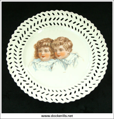 Vintage / Antique Pierced Porcelain Plate With Two Child Design, Unmarked.