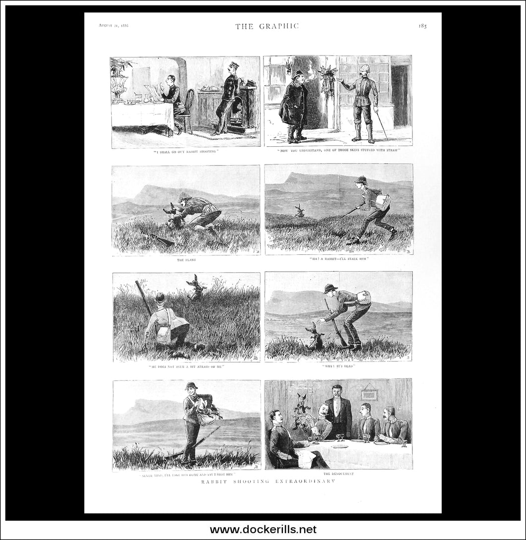 Rabbit Shooting Extraordinary. Antique Print, Wood Engraving, The Graphic Full Page, August 21st, 1886.
