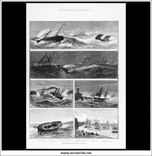 Sketches During The Gale At Lowestoft. Antique Print, Wood Engraving, The London Illustrated News Full Page, November 11th, 1882.