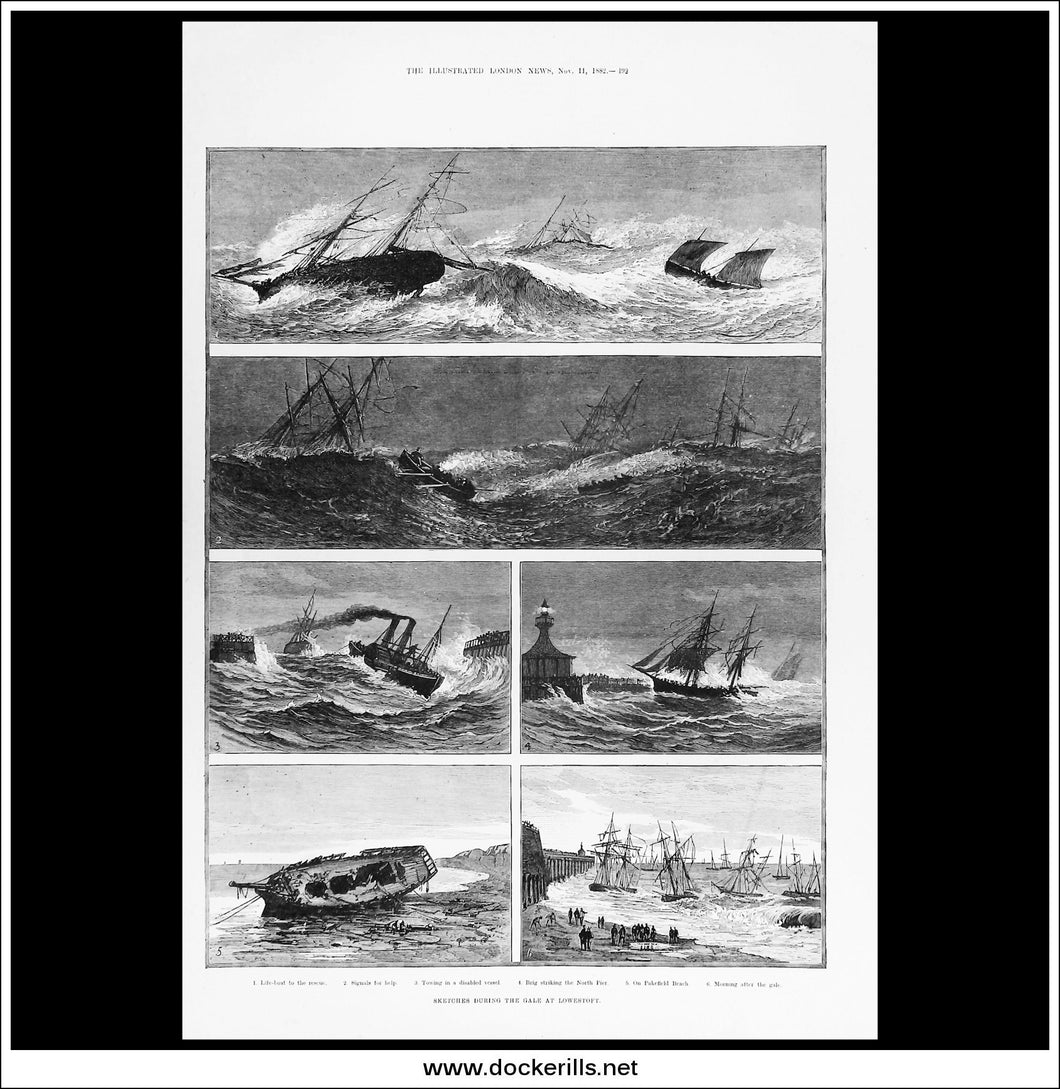 Sketches During The Gale At Lowestoft. Antique Print, Wood Engraving, The London Illustrated News Full Page, November 11th, 1882.