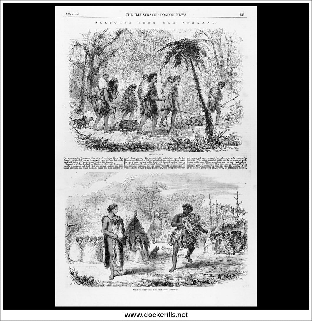 Sketches From New Zealand, A Maori Exodus. Antique Print, Wood Engraving, The Illustrated London News Full Page, February 1st, 1862.