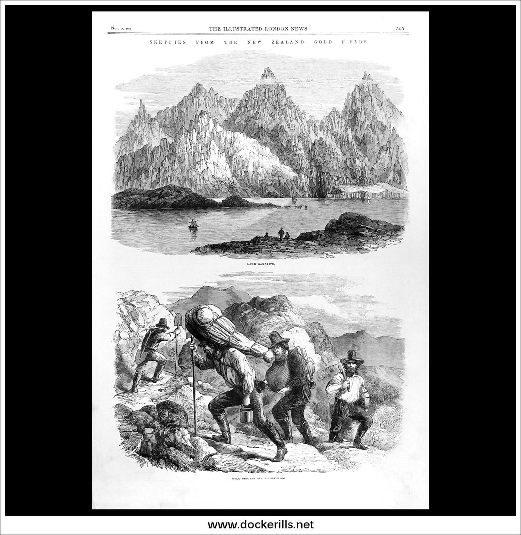 Sketches From The New Zealand Gold Fields. Antique Print, Wood Engraving, The Illustrated London News Front Page, November 14th, 1863.
