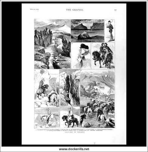 Sketches In Iceland. Antique Print, Wood Engraving, The Graphic Full Page, March 28th, 1876.