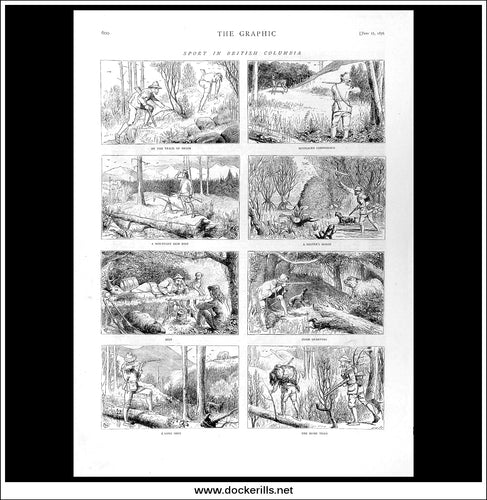 Sport In British Columbia. Antique Print, Wood Engraving, The Graphic Front Page, June 17th, 1876.