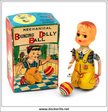 Bouncing Dolly Ball. Vintage Tin Plate Clockwork Novelty Toy, T.P.S. Toplay Ltd., Japan.