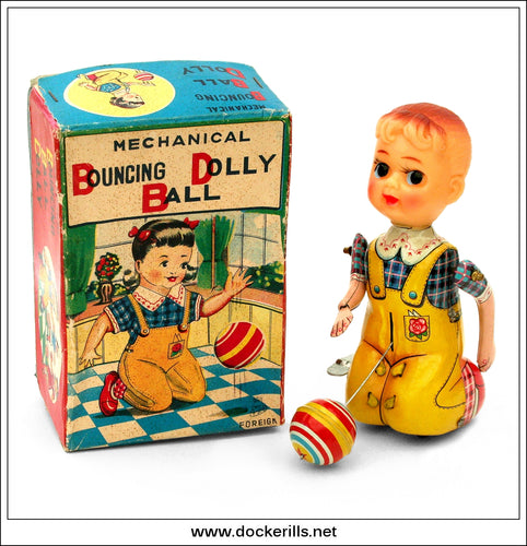 Bouncing Dolly Ball. Vintage Tin Plate Clockwork Novelty Toy, T.P.S. Toplay Ltd., Japan.