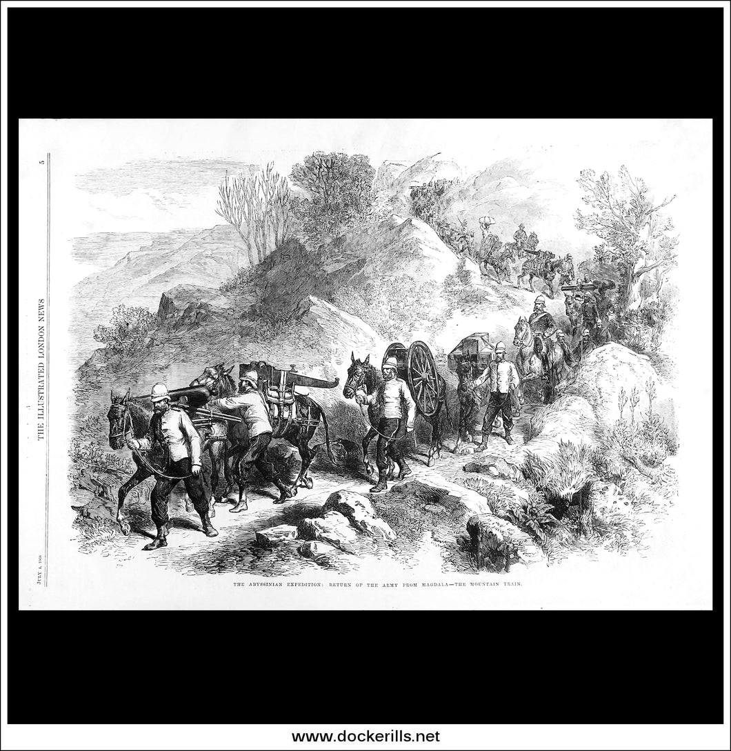 The Abyssinian Expedition: Return Of The Army From Magdala, The Mountain Train. Antique Print, Wood Engraving, The Illustrated London News Full Page, July 1st, 1868.