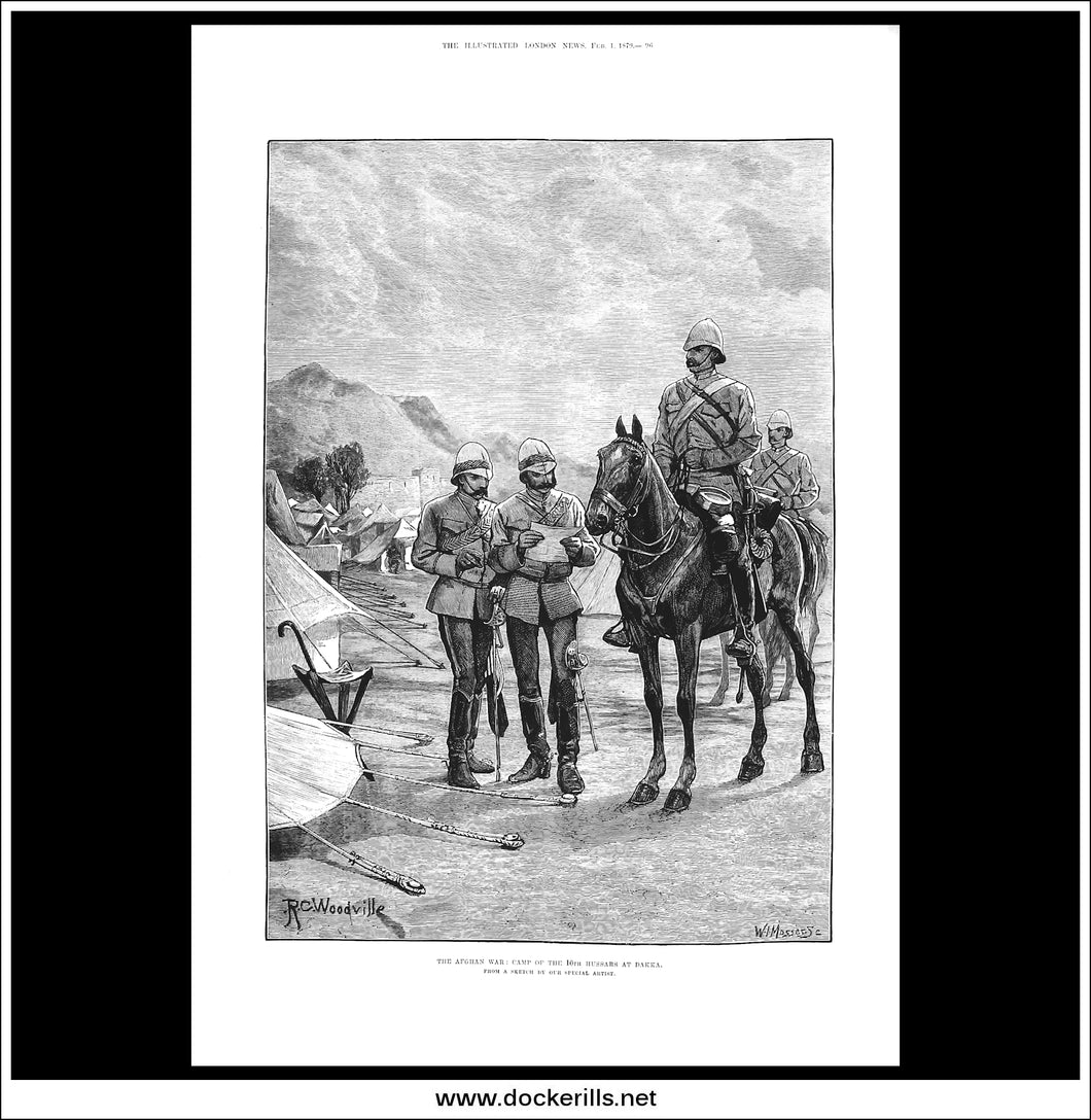 The Afghan War: Camp Of The 10th Hussars At Dakka. Antique Print, Wood Engraving, The Illustrated London News Full Page, February 1st, 1879.