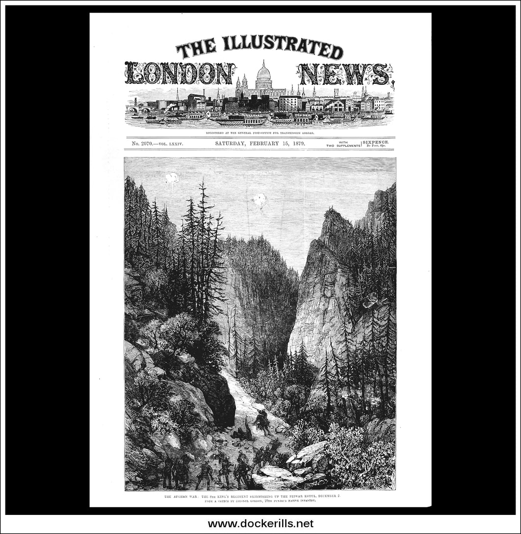 The Afghan War: The 8th King's Regiment Skirmishing Up The Peiwar Kotul, December 2. Antique Print, Wood Engraving, The Illustrated London News Front Page, February 15th, 1879.