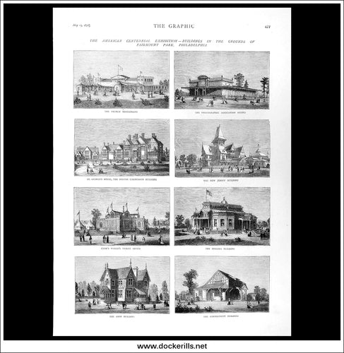 The American Centennial Exhibition, Buildings In The Grounds Of Fairmount Park, Philadelphia. Antique Print, Wood Engraving, The Graphic Full Page, May 13th, 1876.