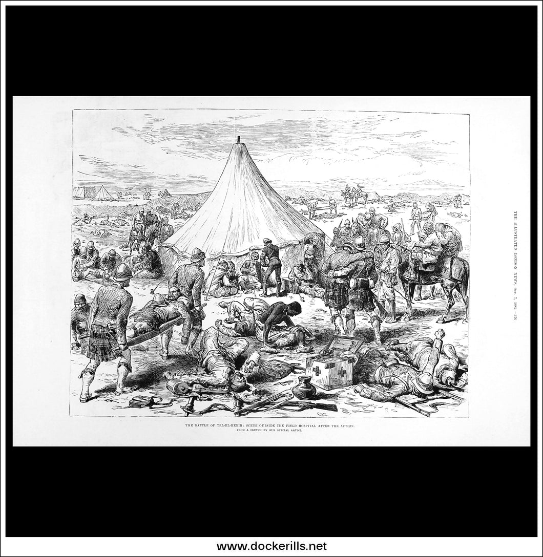 The Battle Of Tel-El-Kebir: Scene Outside The Field Hospital After The Action. Antique Print, Wood Engraving, The Illustrated London News Full Page, October 7th, 1882.