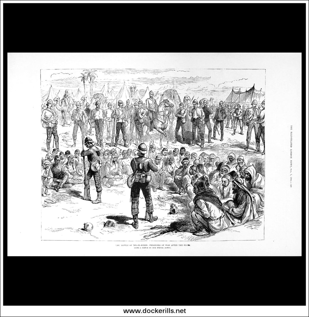 The Battle Of Tel-El-Kebir: Prisoners Of War After The Fight. Antique Print, Wood Engraving, The Illustrated London News Full Page, October 7th, 1882.