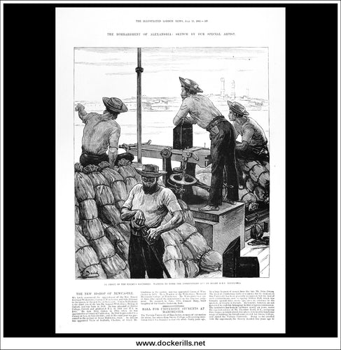 The Bombardment Of Alexandria: Sketch By Our Special Artist. Antique Print, Wood Engraving, The Illustrated London News Full Page, July  29th, 1882.