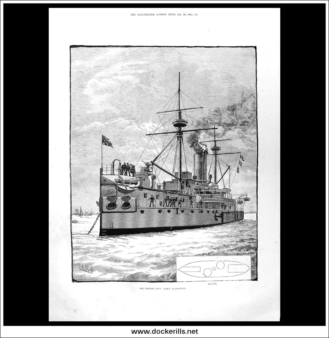 The British Navy: H.M.S. Agamemnon, The Illustrated London News Full Page, January 10th, 1885.