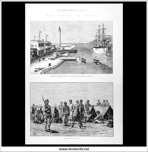 The Crisis In Egypt, Lighthouse And Breakwater At The Entrance Of The Suez Canal, Port Said. Antique Print, Wood Engraving, The Illustrated London News Full Page, July 22nd, 1882.